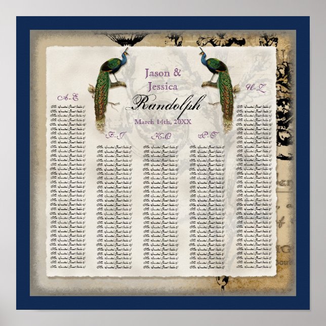 Elegante Vintage Pfauenhochzeit Poster (Vorne)