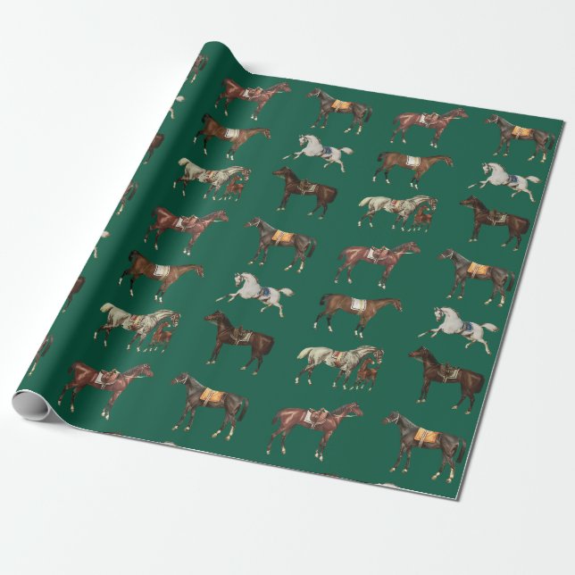 Elegante Vintage Pferde Hunter Green Geschenkpapier (Ungerollt)