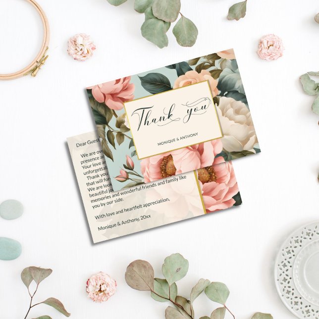 Elegante, Vintage pfirsichfarbene Rose Dankeskarte (Elegant vintage Victorian French chic peach peony roses thank you card wedding thank you cards )