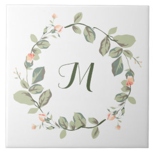 Elegante Vintage-Pfirsichrosen-Grün-Monogramm Fliese