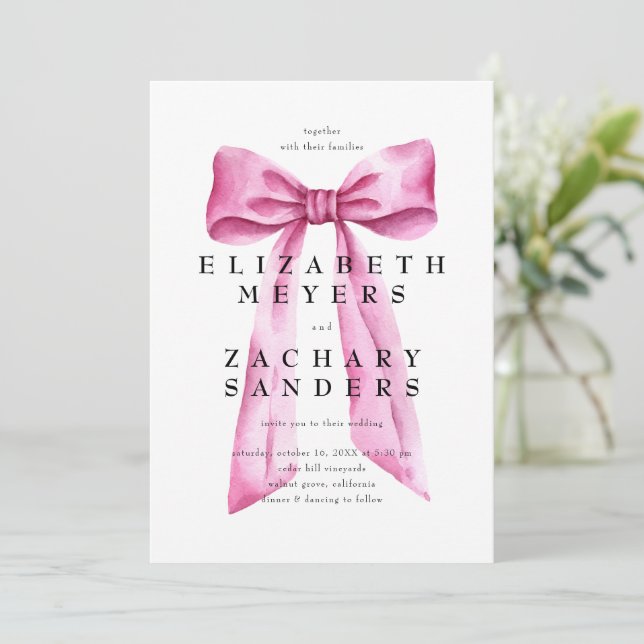 Elegante Vintage Pink Bow Wedding Einladung (Stehend Vorderseite)