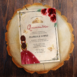 Elegante Vintage-Quinceañera in Rot und Roségold Einladung