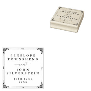 Elegante Vintage-Rahmen-Name-Datum-Hochzeit Gummistempel