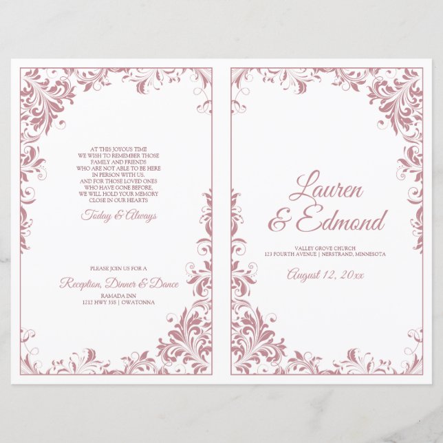 Elegante Vintage Reben Hochzeitsprogramme Dusty Ro (Vorderseite)