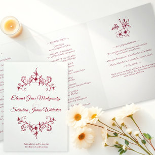 Elegante Vintage Romance Burgund Floral Wedding Dreifach-gefaltete Programmkarte