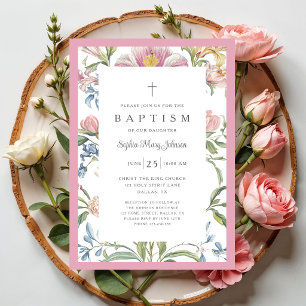 Elegante Vintage-Rosa-Blumen-Taufe für Baby-Mädche Einladung