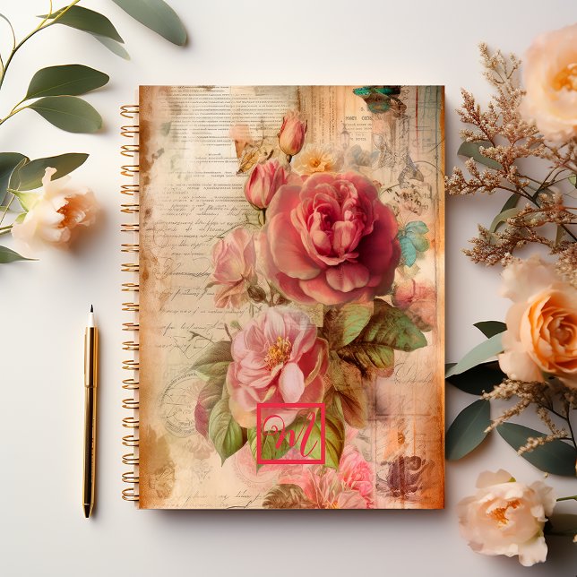 Elegante Vintage rosa Blüte Notizbuch (Vintage Romantic Blush Rose Floral Antique Papyrus Monogrammed Notebook)