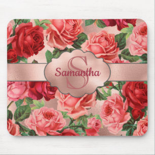 Elegante Vintage rosa Rote Rosen Mit Monogramm Mousepad