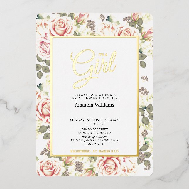 Elegante Vintage Rose, Baby Shower Gold Folieneinladung (Vorderseite)