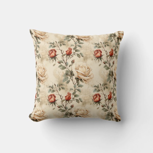 Elegante Vintage Rose Blume Beige Blumendesign Kissen (Vorderseite)
