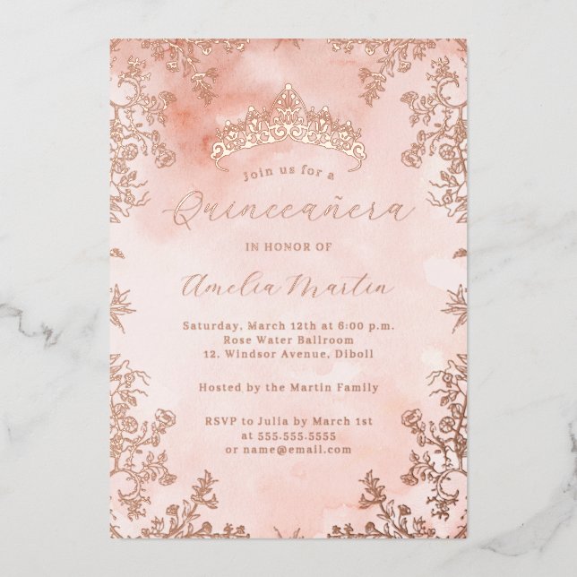 Elegante Vintage Rose Folieneinladung (Vorderseite)