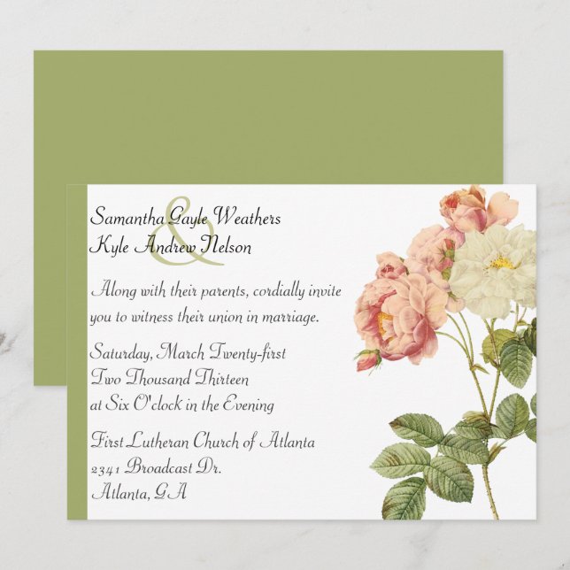 Elegante Vintage Rose Hochzeitseinladung Einladung (Vorne/Hinten)