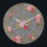 Elegante Vintage Rose im grauen Hintergrund Große Wanduhr<br><div class="desc">Herrliche Sprays aus eleganten romantischen Rosen und üppiges grünes Blattwerk auf dunkelgrauem Hintergrund mit optionaler Mitte-Blumengrafik. Das Muster ist nahtlos und kann mit den Schaltflächen   und - im Designwerkzeug nach oben oder unten skaliert werden. Rundelemente und Nummern sind editierbar.</div>