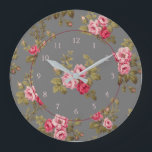 Elegante Vintage Rose im grauen Hintergrund Große Wanduhr<br><div class="desc">Herrliche Sprays aus eleganten romantischen Rosen und üppiges grünes Blattwerk auf dunkelgrauem Hintergrund mit optionaler Mitte-Blumengrafik. Das Muster ist nahtlos und kann mit den Schaltflächen   und - im Designwerkzeug nach oben oder unten skaliert werden. Rundelemente und Nummern sind editierbar.</div>