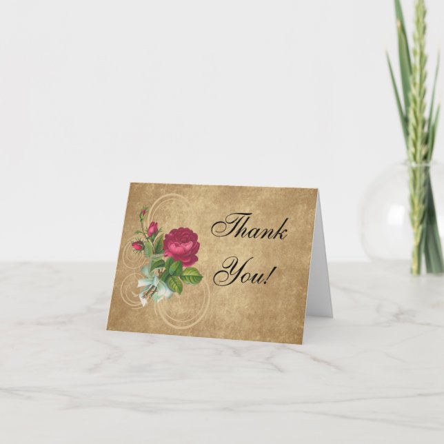 Elegante Vintage Rose, Magenta/Braun Dankeskarte (Vorderseite)