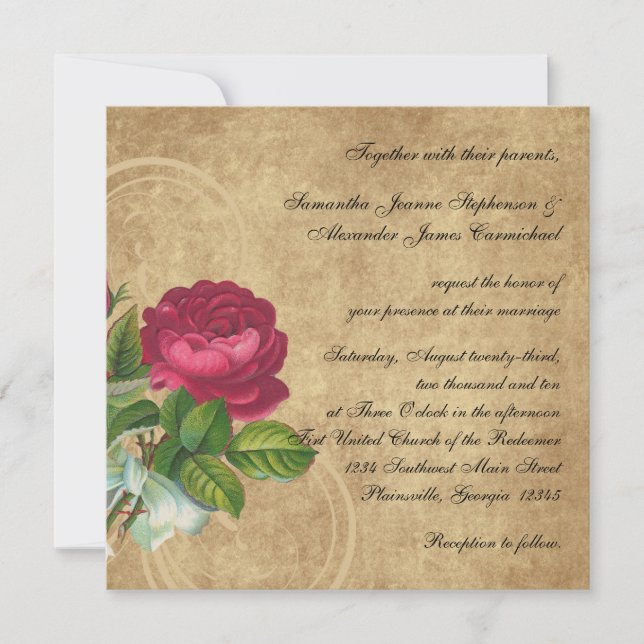 Elegante Vintage Rose, Magenta/Braun Einladung (Vorderseite)