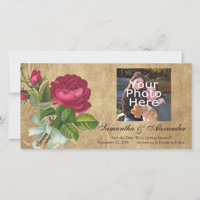 Elegante Vintage Rose, Magenta/Braun Save The Date (Vorderseite)