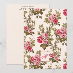 Elegante Vintage Rose mit Monogramm-Buff-Hintergru Mitteilungskarte