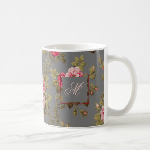 Elegante Vintage Rose mit Monogramm-Grau-Hintergru Kaffeetasse