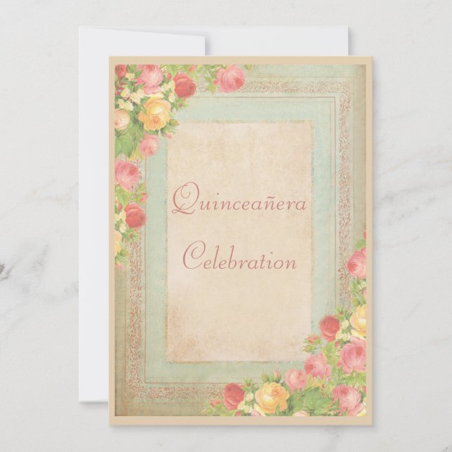 Elegante Vintage Rose Quinceañera Feier Einladung (Vorderseite)