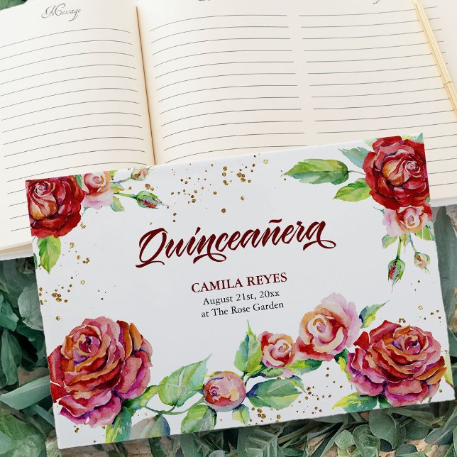 Elegante Vintage Rose Rosa Blütenblätter Gästebuch (Quinceanera guest book from my Vintage Floral Red Roses Quinceanera Collection)