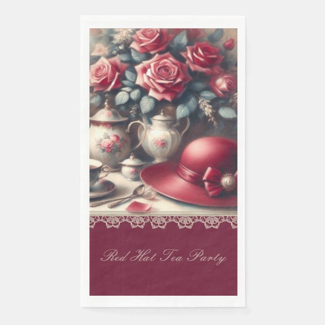 Elegante Vintage Rote Rose Hat Tea Party Serviette (Vorderseite)