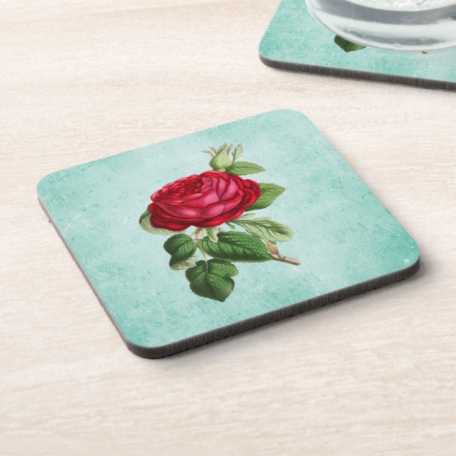 Elegante Vintage Rote Rose Illustration Getränkeuntersetzer (Linke Seite)