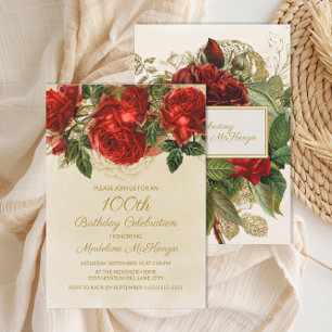 Elegante Vintage Rote Rosen 100. Geburtstag Einladung