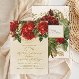 Elegante Vintage Rote Rosen 50. Geburtstag Einladung