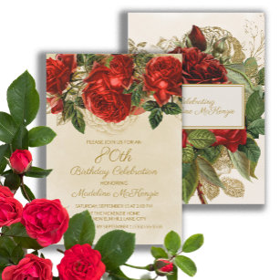 Elegante Vintage Rote Rosen 80. Geburtstag Einladung