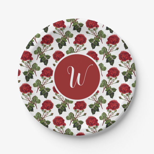 Elegante Vintage Rote Rosen Blumenromantisches Des Pappteller (Vorderseite)