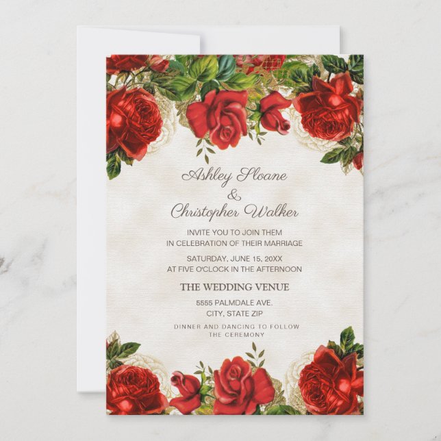 Elegante Vintage Rote Rosen Hochzeit Einladung (Vorderseite)
