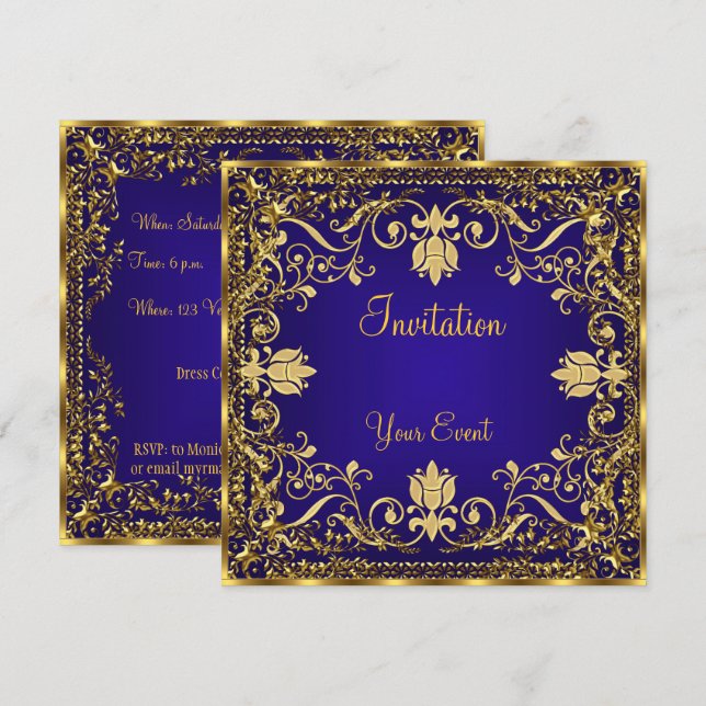 Elegante Vintage Royal Blue Gold Einladung (Vorne/Hinten)