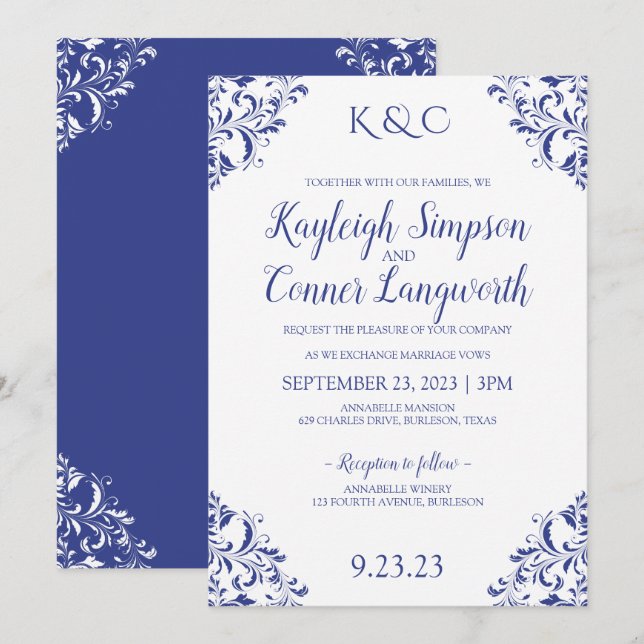 Elegante Vintage Royal Blue Wedding Einladungen (Vorne/Hinten)