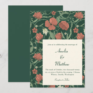 Elegante Vintage-Rustikal-Grün-Rot-Floral-Hochzeit Einladung