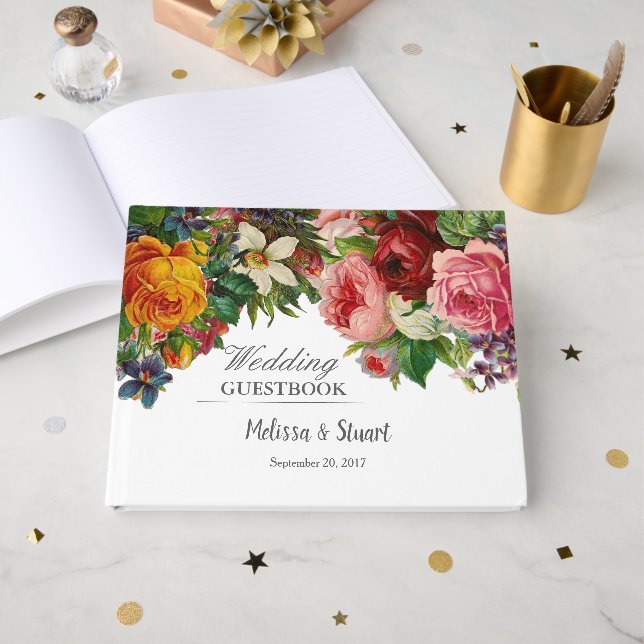 Elegante Vintage rustikale Rose Blume Hochzeit Gästebuch (Vorderseite Offen)
