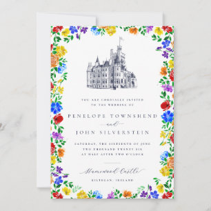 Elegante Vintage-Schloss-Regenbogen-Blumenhochzeit Einladung
