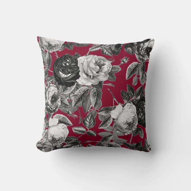 Elegante Vintage Schwarz-weiße Rose auf Burgund Kissen (Vorderseite)