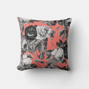 Elegante Vintage Schwarz-weiße Rose Korallenrosa Kissen