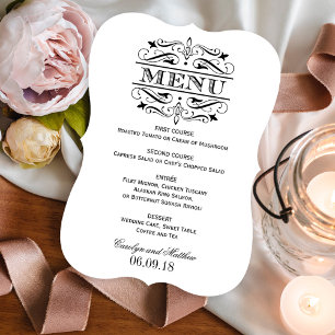 Elegante Vintage-schwarze Flourish-Hochzeit Menükarte