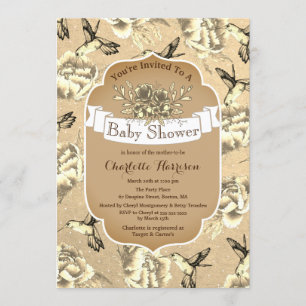 Elegante Vintage-Sepia-Blumen & Kolibris Einladung