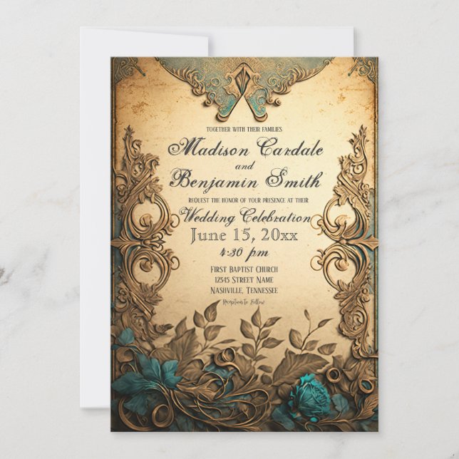 Elegante Vintage Skulpturen Rustikale Hochzeit Einladung (Vorderseite)