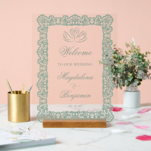 Elegante Vintage-Spitze in Salbeigrün mit Schwänen Acrylschild