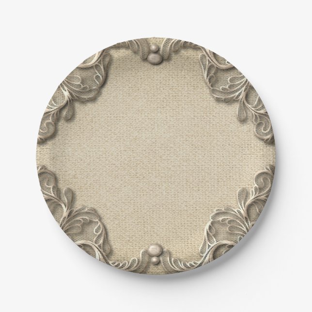 Elegante Vintage Südküste Burlap Lace Wedding Pappteller (Vorderseite)