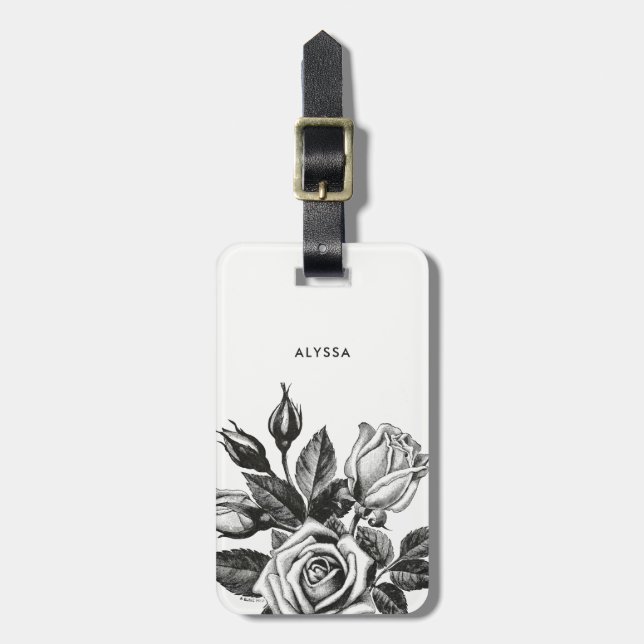 Elegante Vintage Tee-Rosen | Schwarzweiss Gepäckanhänger (Vorderseite vertikal)