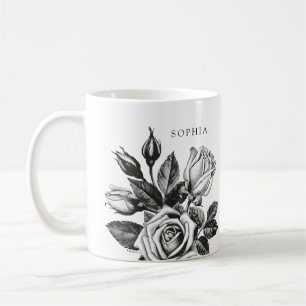 Elegante Vintage-Teerosen Schwarz und Weiß Kaffeetasse
