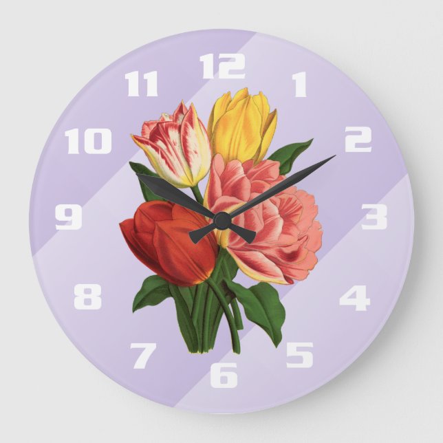 Elegante Vintage Tulips Große Wanduhr (Vorderseite)