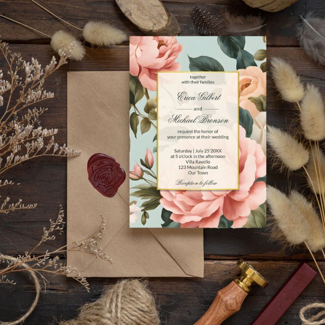 Elegante Vintage Viktorianische Blütenpfirsich Einladung (Elegant vintage Victorian French chic blush peach peony roses floral wedding Invitation template)
