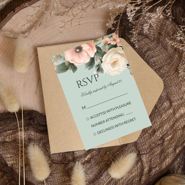 Elegante Vintage Viktorianische Blütenpfirsich RSVP Karte (Elegant vintage Victorian blush peach roses floral sage green traditional wedding RSVP Card)