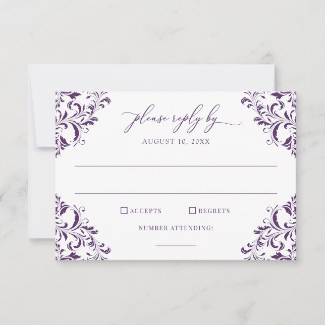 Elegante Vintage Wedding Plum Lila RSVP Karte (Vorderseite)